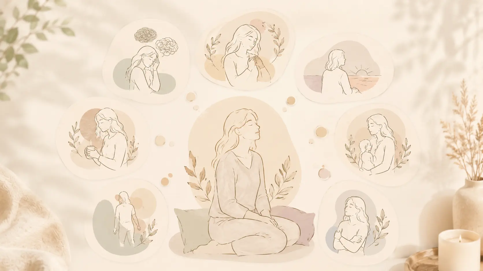 Illustrated therapy service cards for pregnancy, postpartum, parenting, relationships, infertility, perinatal loss, menopause, and not sure